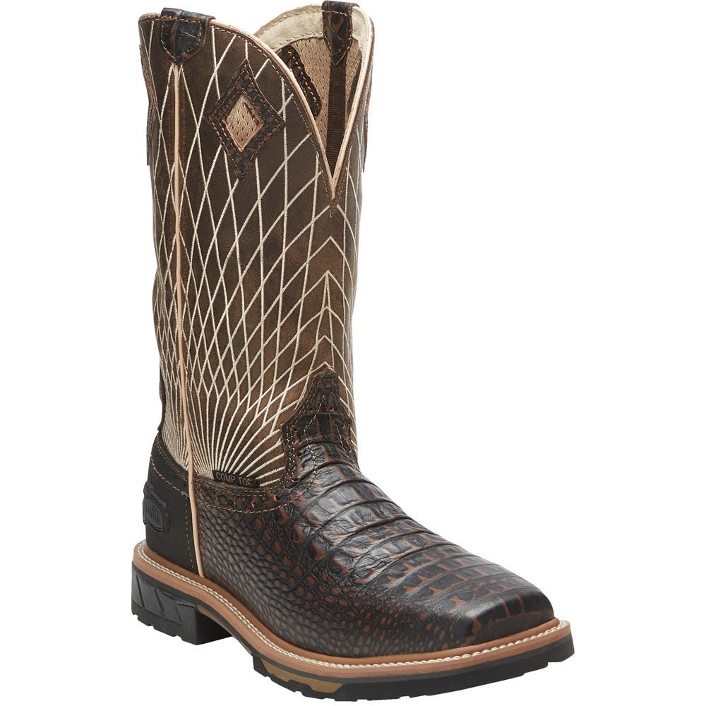 JUSTIN MENS 12" DERRICKMAN CHOCOLATE CROC PRINT COMP TOE WORK BOOT WK4833