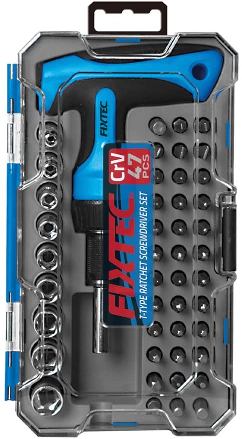 FIXTEC 47-Piece Screwdriver Bit Set Ratchet Wrench Magnetic T-Handle Home Repair Kit with Plastic To