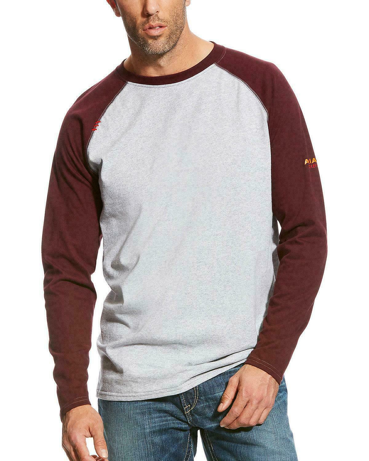Ariat Men's FR Burgundy/Gray Long Sleeve Baseball Shirt