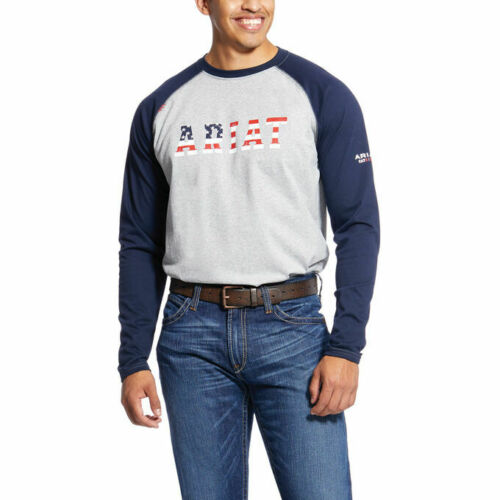 Ariat Men's FR Gray/Navy USA Logo Long-Sleeve Baseball Shirt