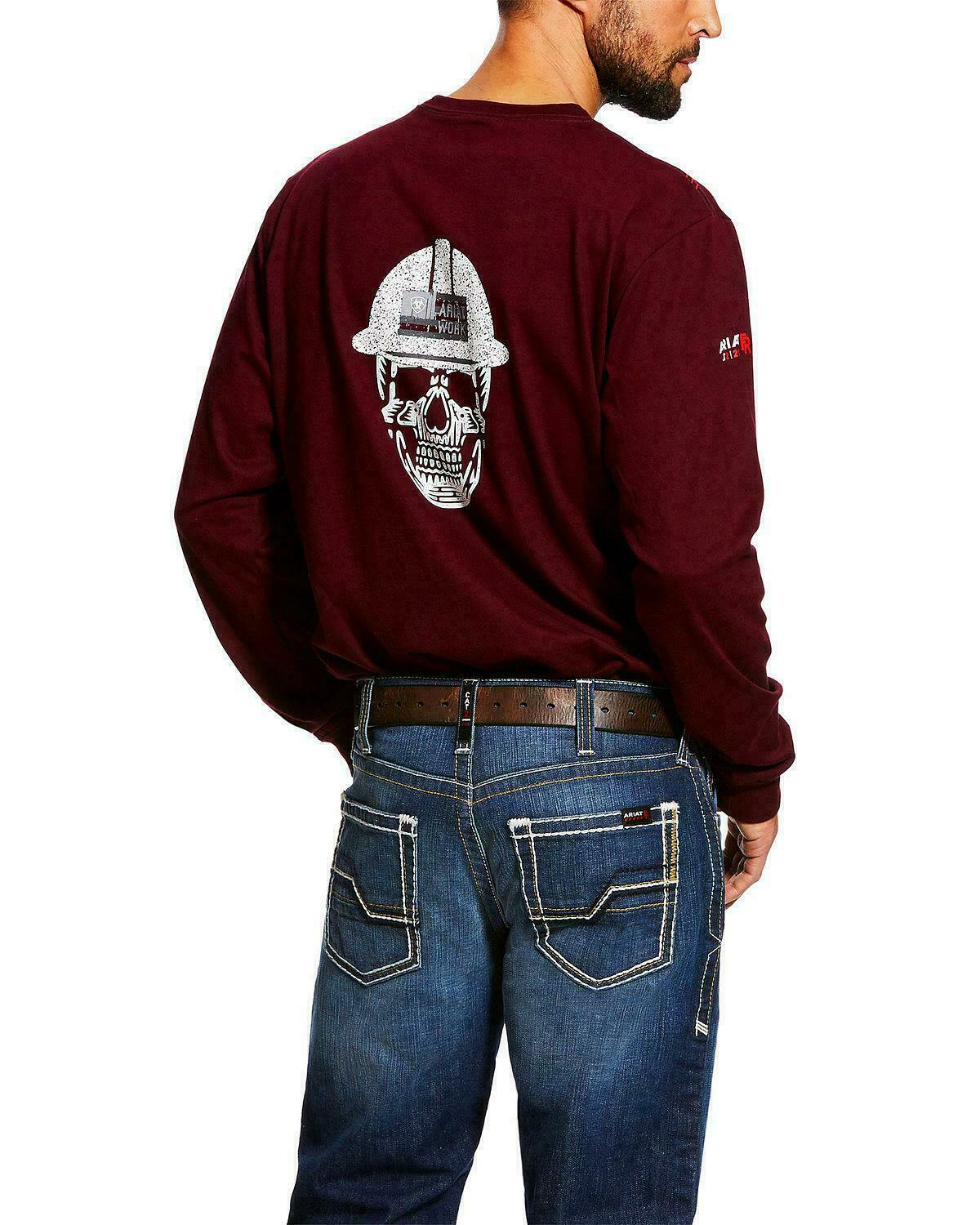 Ariat Men's FR Burgundy Skull Logo Long Sleeve Crew Shirt