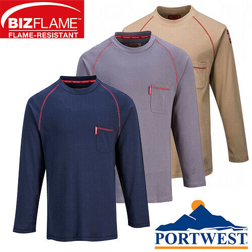 Portwest FR01 Bizflame FR Crew Neck Flame Resistant LS Shirt Navy, Gray, Khaki